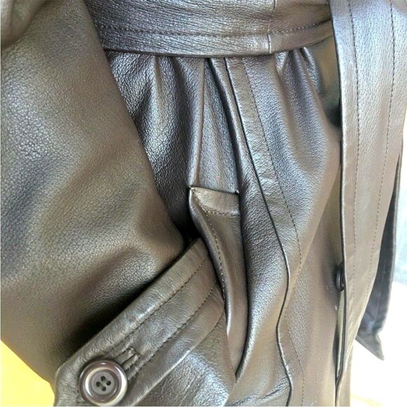 Y2K Long Leather Black Belted Jacket Rare Hoodie Trench Coat M - Picture 15 of 15